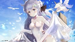 Rule 34 | 1girl, :o, ahoge, animal, azur lane, bare shoulders, bird, black bow, black ribbon, blue sky, blush, bow, clothes lift, cloud, commentary request, criss-cross halter, day, dress, dress lift, elbow gloves, feathers, flight deck, gloves, hair bun, hair ribbon, halterneck, lifting own clothes, long hair, looking at viewer, lunacats, one side up, outdoors, panties, parted lips, purple eyes, purple hair, ribbon, see-through, side bun, single hair bun, single side bun, sky, solo, stuffed animal, stuffed toy, stuffed winged unicorn, underwear, unicorn (azur lane), very long hair, white feathers, white gloves, white panties