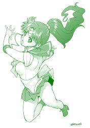 Rule 34 | 1girl, arm up, back bow, bishoujo senshi sailor moon, boots, bow, choker, circlet, commentary request, covered navel, earrings, elbow gloves, from above, full body, gloves, green theme, hair bobbles, hair ornament, high ponytail, jewelry, kino makoto, kouda tomohiro, leotard, long hair, monochrome, open mouth, pleated skirt, ponytail, sailor collar, sailor jupiter, sailor senshi uniform, signature, skirt, solo