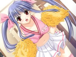 Rule 34 | 00s, 1girl, :o, blue hair, blush, bow, breasts, cheerleader, cleavage, dutch angle, female focus, game cg, hair bow, hair ornament, indoors, long hair, looking at viewer, midriff, navel, nerine, open mouth, pleated skirt, pointy ears, pom pom (cheerleading), red eyes, shuffle!, skirt, sleeveless, solo, suzuhira hiro, white skirt