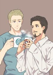 Rule 34 | 2boys, avengers (series), black hair, blonde hair, blue eyes, blue shirt, brown background, brown eyes, closed mouth, collarbone, collared shirt, cup, facial hair, hand up, hands up, holding, holding cup, long sleeves, looking at another, male focus, marvel, multiple boys, shirt, short hair, short sleeves, simple background, smile, standing, star (symbol), star print, steam, steve rogers, t-shirt, tony stark, white shirt, yukko93