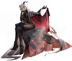 Rule 34 | 1girl, absurdly long hair, aegir (azur lane), armored boots, azur lane, bare shoulders, black gloves, bodystocking, boots, breast curtains, breasts, covered navel, crossed legs, demon horns, elbow gloves, gloves, high heel boots, high heels, highres, horns, large breasts, long hair, looking at viewer, lava, multicolored hair, official art, parted lips, sideboob, sitting, streaked hair, transparent background, very long hair, white hair, world of warships, yellow eyes, yunsang
