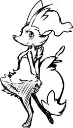 Rule 34 | 1girl, animal ear fluff, animal ears, animal nose, arms behind back, blush, body fur, braixen, closed mouth, creatures (company), female focus, flat chest, fox ears, fox girl, fox tail, from behind, full body, furry, furry female, game freak, gen 6 pokemon, greyscale, happy, highres, looking at viewer, looking back, monochrome, negoya, nintendo, own hands together, pokemon, pokemon (creature), simple background, sketch, smile, snout, solo, spot color, standing, stick, tail, white background