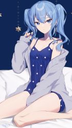 Rule 34 | 1girl, alternate costume, alternate hairstyle, bed sheet, blue background, blue camisole, blue eyes, blue hair, blue nails, camisole, closed mouth, commentary, earrings, grey sweater, hand up, highres, hololive, hoshimachi suisei, jewelry, legs, long hair, looking at viewer, nail polish, no pants, off shoulder, polka dot, sitting, sleepwear, solo, star (symbol), star earrings, star in eye, strap slip, sweater, symbol in eye, thighs, virtual youtuber, wariza, you06
