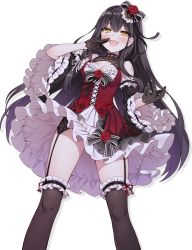 Rule 34 | 1girl, bare shoulders, black hair, blush, breasts, cleavage, gloves, highres, judgment/blood, long hair, open mouth, skirt, smile, solo, teeth, thighhighs, thighs, tongue, victoria reed, white background, yellow eyes