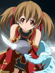 Rule 34 | 10s, 1girl, :o, armor, bare shoulders, breastplate, brown hair, detached sleeves, dragon, feathers, hair ribbon, pina (sao), red eyes, ribbon, short twintails, silica, skirt, solo, suemizu yuzuki, sword art online, twintails, wings
