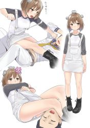 Rule 34 | 10s, 1boy, 1girl, 2016, admiral (kancolle), ama mitsuki, anger vein, angry, arm grab, ass, bare legs, blush, boots, brown eyes, brown hair, commentary request, crossdressing, dated, fighting, full body, headgear, kantai collection, laughing, lying, multiple views, necktie, open mouth, overalls, panties, pantyshot, raglan sleeves, sailor, sailor collar, short hair, signature, simple background, sitting, sitting on person, solo focus, standing, translation request, underwear, upskirt, white background, white panties, wrestling, yukikaze (kancolle)