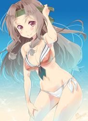 Rule 34 | 10s, 1girl, adapted costume, bikini, breasts, brown eyes, brown hair, cleavage, gradient background, hand on own head, hand on own thigh, highres, imu sanjo, jintsuu (kancolle), jpeg artifacts, kantai collection, large breasts, looking at viewer, medium breasts, smile, solo, swimsuit