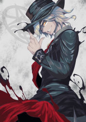 Rule 34 | 1boy, absurdres, bad id, bad pixiv id, edmond dantes (fate), edmond dantes (first ascension) (fate), evil smile, fate/grand order, fate (series), fedora, finger on hat, formal, from side, glowing, glowing eyes, hat, highres, index finger raised, looking at viewer, male focus, pointing, pointing up, smile, solo, wavy hair, white hair, yasunari (yasu 84), yellow eyes