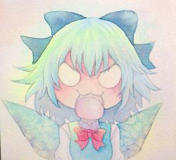 Rule 34 | &gt;:3, 1girl, :3, angry, blank eyes, blue hair, bow, cirno, hair bow, ice, ice wings, open mouth, painting (medium), solo, touhou, traditional media, v-shaped eyebrows, watercolor (medium), wings, yuyu (00365676)