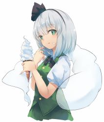 Rule 34 | 1girl, :q, arm up, black hairband, black neckwear, black ribbon, blush, bob cut, buttons, collared shirt, commentary, fen zuo, food, food on face, green eyes, green skirt, green vest, hairband, hitodama, holding, ice cream, konpaku youmu, konpaku youmu (ghost), puffy short sleeves, puffy sleeves, ribbon, shirt, short hair, short sleeves, silver hair, simple background, skirt, solo, standing, symbol-only commentary, tongue, tongue out, touhou, upper body, vest, white background, white shirt, wing collar