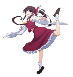 Rule 34 | 1girl, :d, absurdres, ascot, bare shoulders, bow, breasts, brown eyes, brown hair, detached sleeves, frilled skirt, frills, hair tubes, hakurei reimu, highres, leg up, leon (mikiri hassha), loafers, long hair, looking at viewer, medium breasts, midriff peek, open mouth, ponytail, sarashi, shirt, shoes, simple background, skirt, sleeveless, sleeveless shirt, smile, socks, solo, spread fingers, standing, standing on one leg, teeth, touhou, upper teeth only, white background