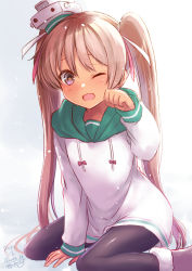 Rule 34 | 1girl, black pantyhose, brown eyes, brown hair, commentary request, dress, gradient background, green hood, highres, hood, hooded dress, hoodie, kantai collection, libeccio (kancolle), long hair, mashiro yukiya, one-hour drawing challenge, one eye closed, pantyhose, sitting, smile, solo, sweater, sweater dress, tan, twintails, wariza, white background, white dress