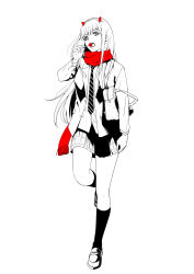 Rule 34 | 10s, 1girl, absurdres, arm at side, bag, black socks, candy, darling in the franxx, food, full body, hairband, highres, horns, licking, loafers, lollipop, long hair, looking at viewer, monochrome, necktie, opyonn, plaid, plaid skirt, red scarf, scarf, school uniform, shirt, shoes, shoulder bag, skirt, socks, spot color, standing, walking, white background, white shirt, zero two (darling in the franxx)