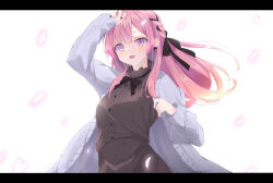 Rule 34 | 1girl, black bow, black bowtie, black dress, black ribbon, bow, bowtie, braid, breasts, cherry blossoms, collar, cowboy shot, dress, earrings, fang, frilled collar, frills, hand on forehead, highres, indie utaite, indie virtual youtuber, jacket, jewelry, kurono yuzuko, long hair, long sleeves, looking at viewer, medium breasts, mikeneko (vtuber), mikeneko (vtuber) (old design), nail polish, niconico, open mouth, pink eyes, pink hair, ribbon, sidelocks, simple background, single braid, skin fang, smile, sweater jacket, white background