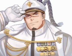 Rule 34 | 1boy, bara, black hair, brown eyes, facial hair, forked eyebrows, goatee, hat, highres, large pectorals, looking at viewer, male focus, mature male, military, military hat, military uniform, muscular, muscular male, peaked cap, pectorals, scar, scar on face, scar on nose, sdz (inazuma), short hair, sideburns, smile, solo, tokyo houkago summoners, undercut, uniform, upper body, yoritomo (housamo)