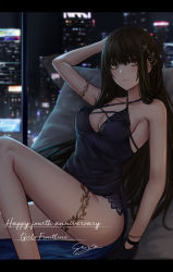 Rule 34 | 1girl, absurdres, anniversary, arm up, armlet, bad id, bad pixiv id, bare shoulders, black dress, black gloves, black hair, breasts, brown eyes, city, cleavage, commentary request, copyright name, criss-cross halter, dress, feet out of frame, girls&#039; frontline, gloves, hair ornament, halter dress, halterneck, highres, indoors, knee up, letterboxed, long hair, looking at viewer, m4a1 (girls&#039; frontline), medium breasts, night, aged up, parted lips, selcky, signature, sitting, sleeveless, sleeveless dress, smile, solo, thighlet, thighs, very long hair