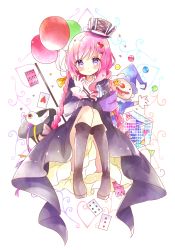 Rule 34 | 1girl, :&gt;, armband, bad id, bad pixiv id, ball, balloon, bird, black coat, black footwear, blush, boots, bow, braid, buttons, card, clown, clubs, coat, confetti, cube, diamond (shape), double-breasted, dove, frilled sleeves, frills, gloves, hair bow, hair ornament, hat, head tilt, heart, heart hair ornament, highres, knee boots, long hair, long sleeves, looking at viewer, low-tied long hair, magician, mini hat, mini top hat, original, pennant, pink bow, pink hair, playing card, polka dot, purple eyes, ringlets, sitting, skirt, smile, solo, spade, streamers, string of flags, striped, tailcoat, teapot, top hat, tsukiyo (skymint), twin braids, twintails, vertical stripes, white gloves, white skirt, yellow bow