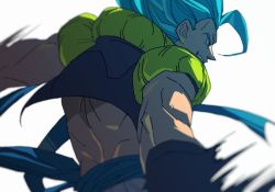 Rule 34 | 1boy, bad id, bad twitter id, blue eyes, blue hair, blurry, depth of field, dragon ball, dragon ball super, dragon ball super broly, facing away, fighting stance, from behind, gogeta, grin, looking away, male focus, muscular, profile, short hair, smile, solo, spiked hair, super saiyan, super saiyan blue, tako jirou, waistcoat, wristband