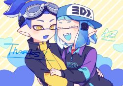 Rule 34 | 1boy, 1girl, baseball cap, black jacket, blue hair, blue headwear, closed eyes, commentary request, commission, eyelashes, goggles, goggles on head, hat, heart, hug, inkling, inkling boy, inkling girl, inkling player character, inuowour, jacket, medium hair, multicolored clothes, multicolored jacket, nintendo, open mouth, pointy ears, purple jacket, red shirt, sharp teeth, shirt, short hair, sideways hat, signature, smile, splatoon (series), teeth, thank you, two-tone jacket, yellow background, yellow eyes, yellow jacket