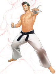 Rule 34 | 1boy, abs, age difference, bandages, bandaid, bandaid on face, bandaid on nose, bara, black hair, dougi, facial hair, fingerless gloves, full body, gloves, itto (mentaiko), karate gi, looking at viewer, male focus, mature male, muscular, muscular male, navel, nipples, pants, pectorals, topless male, short hair, smile, solo, stomach, stubble, white background, white pants