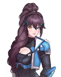 Rule 34 | 1girl, alternate universe, artist name, blue eyes, blue jacket, blush, breasts, brown hair, captain lacroix, cleavage, heterochromia, highres, jacket, kazy, light persona, long hair, looking at viewer, medium breasts, official alternate costume, overwatch, smile, solo, tagme, twitter username, very long hair, white background, widowmaker (overwatch)