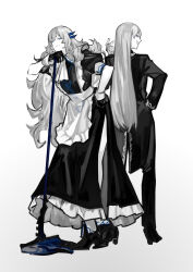 Rule 34 | 1boy, 1girl, angelica (project moon), apron, argalia (project moon), ascot, black dress, black footwear, black gloves, black pants, blue eyes, brother and sister, butler, closed mouth, crossdressing, dress, frilled dress, frills, full body, gloves, hand on own hip, highres, holding, holding mop, library of ruina, long hair, maid, mop, nishikujic, pants, project moon, shoes, siblings, simple background, smile, very long hair, white apron, white ascot, white background, white hair, wrist cuffs