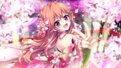 Rule 34 | 1girl, :d, audience, back, back bow, bow, braid, cherry blossoms, cherry tree, concert, crown braid, detached collar, dot nose, film grain, floral print, floral print kimono, flower, from behind, game cg, glowstick, haeno akari, hair bow, holding, holding microphone, izumi tsubasu, japanese clothes, kimono, large bow, lens flare, long hair, looking back, microphone, night, non-web source, official art, open mouth, orange hair, outdoors, pink bow, pink flower, pink kimono, purple eyes, railing, re:stage!, ribbon braid, smile, solo, sparkle, stage, stage lights, striped bow, two side up, v
