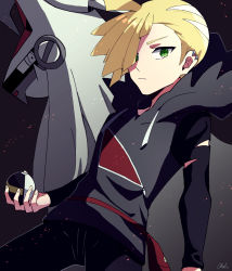 Rule 34 | 1boy, ahoge, bad id, bad twitter id, black background, black pants, blonde hair, closed mouth, creatures (company), ear piercing, eyelashes, fanny pack, frown, game freak, gen 7 pokemon, gladion (pokemon), green eyes, hair over one eye, highres, holding, holding poke ball, hood, hood down, hoodie, legendary pokemon, long sleeves, looking at viewer, male focus, nintendo, pants, piercing, poke ball, pokemon, pokemon (creature), pokemon sm, red bag, short hair, silvally, tere asahi, ultra ball