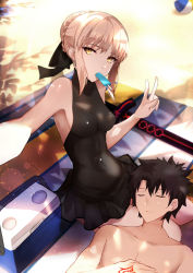 Rule 34 | 1boy, 1girl, artoria pendragon (all), artoria pendragon (alter swimsuit rider) (first ascension) (fate), artoria pendragon (fate), black bow, black hair, bow, braid, closed eyes, command spell, cooler, covered navel, excalibur morgan (fate), eyelashes, fate/grand order, fate (series), food, from above, fujimaru ritsuka (male), hair bow, highres, lap pillow, looking at viewer, mouth hold, popsicle, reaching, reaching towards viewer, saber alter, selfie, shigure s, swimsuit, sword, topless male, weapon, yellow eyes