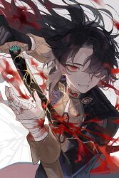 Rule 34 | 1boy, bandaged hand, bandages, black hair, black jacket, blade (honkai: star rail), blood, chinese clothes, earrings, hair over one eye, highres, holding, holding sword, holding weapon, honkai: star rail, honkai (series), jacket, jewelry, male focus, mo tea42, multicolored hair, red eyes, red hair, shirt, smile, solo, sword, tassel, tassel earrings, teeth, weapon, yellow shirt