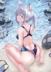 Rule 34 | 1girl, absurdres, age fx, animal ear fluff, animal ears, back, bare shoulders, barefoot, beach, blue archive, blue eyes, blue one-piece swimsuit, blush, breasts, commentary, cross hair ornament, extra ears, grey hair, hair ornament, halo, highleg, highleg swimsuit, highres, looking at viewer, looking back, medium breasts, medium hair, multicolored clothes, multicolored swimsuit, one-piece swimsuit, shiroko (blue archive), shiroko (swimsuit) (blue archive), shore, short ponytail, sidelocks, sitting, solo, swimsuit, wariza, wolf ears