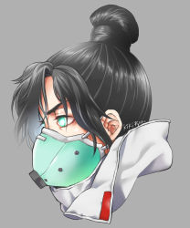 Rule 34 | 1girl, animification, apex legends, aqua eyes, black hair, from side, glowing, glowing eyes, grey background, grey jacket, hair behind ear, head only, highres, jacket, looking ahead, mask, meteolance, mouth mask, profile, quarantine 722 wraith, solo, v-shaped eyebrows, wraith (cat busters)