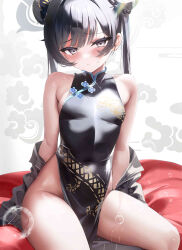 Rule 34 | 1girl, absurdres, bare arms, bare shoulders, black eyes, black hair, blue archive, blush, breasts, china dress, chinese clothes, commentary request, double bun, dragon print, dress, fantongjun, hair bun, hair ornament, highres, jpeg artifacts, kisaki (blue archive), long hair, looking at viewer, no panties, parted lips, pelvic curtain, sitting, small breasts, solo, thighs, twintails, wet