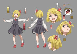 Rule 34 | 1girl, :d, :o, ascot, black skirt, black vest, blonde hair, character sheet, closed mouth, collared shirt, color guide, frilled shirt collar, frills, full body, grey background, gyouza (mhea5724), hair ribbon, happy, highres, loafers, long sleeves, open mouth, outstretched arms, puffy sleeves, red ascot, red eyes, red footwear, red ribbon, ribbon, rumia, shirt, shoes, short hair, simple background, skirt, skirt set, smile, socks, spread arms, teeth, touhou, upper teeth only, vest, white socks