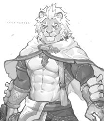Rule 34 | 1boy, :3, abs, animal ear fluff, animal ears, animal nose, arm warmers, beard, cape, closed mouth, copyright name, english text, facial hair, goshiki, greyscale, highres, holding, looking at viewer, magnos (world flipper), male focus, monochrome, navel, pectorals, short hair, simple background, sketch, solo, standing, stomach, tassel, tiger boy, tiger ears, upper body, whiskers, white background, world flipper