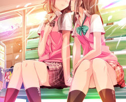 Rule 34 | 2girls, bad id, bad pixiv id, bag, bench, blouse, blush, brown hair, cardigan vest, checkered clothes, checkered skirt, hand on own chest, haruka natsuki, head out of frame, holding hands, imminent kiss, long hair, low twintails, multiple girls, nail polish, nervous, original, school bag, school uniform, shirt, short sleeves, sitting, skirt, smile, socks, twintails, yuri