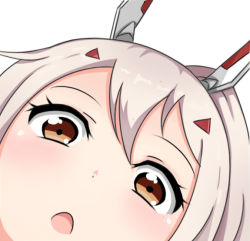 Rule 34 | 1girl, :o, ayanami (azur lane), azur lane, blush, brown eyes, commentary request, dutch angle, face, hair between eyes, hair ornament, head, headgear, kotori photobomb, light brown hair, looking at viewer, nagato-chan, open mouth, ponytail, simple background, solo, white background