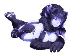 Rule 34 | 1girl, animal hands, barbariank, black bra, black hair, blue skin, bra, breasts, closed mouth, colored skin, full body, fur collar, hair between eyes, head tilt, heroes of might and magic, horns, large breasts, legs together, looking at viewer, lying, manticore, might &amp; magic x:legacy, might and magic, might and magic:heroes vi, monster girl, neck fur, on stomach, pink eyes, slit pupils, smile, soles, solo, tail, tattoo, transparent background, underwear