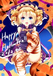 Rule 34 | 1girl, blonde hair, blue eyes, blush, character request, cloak, drill hair, feet, foot focus, halloween, happy halloween, hat, jack-o&#039;-lantern, no shoes, open mouth, orange thighhighs, smile, soles, solo, striped clothes, striped thighhighs, thighhighs, toes, twin drills, witch hat, yuu sagi