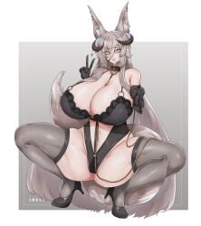 Rule 34 | animal ears, artist request, bra, breasts, copyright request, curvy, fraeya (vtuber), glasses, gloves, high heels, horns, huge breasts, lace, lace-trimmed bra, lace trim, leash, sexually suggestive, squatting, tail, thick thighs, thighhighs, thighs, underwear, v, virtual youtuber