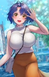 Rule 34 | 1girl, antenna hair, bag, between breasts, blue hair, blurry, blurry background, breasts, c (theta), cowboy shot, earrings, hand up, highres, idolmaster, idolmaster million live!, idolmaster million live! theater days, jewelry, large breasts, light blush, looking at viewer, open mouth, orange eyes, orange skirt, short hair, shoulder bag, skirt, sleeveless, sleeveless sweater, sleeveless turtleneck, smile, solo, strap between breasts, sweater, toyokawa fuka, turtleneck, turtleneck sweater, white sweater