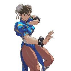 Rule 34 | 1girl, blue dress, bracelet, brown pantyhose, bun cover, capcom, china dress, chinese clothes, chun-li, double bun, dress, eyeshadow, fighting stance, hair bun, highres, jewelry, loped, makeup, pantyhose, pelvic curtain, puffy short sleeves, puffy sleeves, short sleeves, side slit, smile, solo, spiked bracelet, spikes, street fighter, thick thighs, thighs