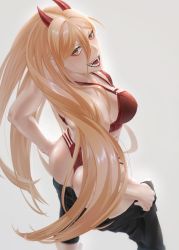 Rule 34 | 1girl, barefoot, blonde hair, bra, chainsaw man, clothes pull, fangs, gradient background, hakua (hka art), highres, long hair, panties, pants, pants pull, power (chainsaw man), shounen jump, simple background, smile, underwear