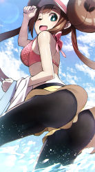 Rule 34 | 1girl, ;d, arm up, ass, ass focus, bare shoulders, black pantyhose, blue eyes, blue sky, blush, bow, bra, breasts, bright pupils, brown hair, cloud, creatures (company), day, doughnut hair bun, from behind, from below, game freak, hair bun, highres, long hair, looking at viewer, looking back, looking down, medium breasts, nintendo, one eye closed, open mouth, outdoors, pantyhose, pantyhose under shorts, pink bow, pink bra, pokemon, pokemon bw2, rosa (pokemon), short shorts, shorts, sky, smile, solo, splashing, tokumaro, twintails, underwear, very long hair, wading, water, white headwear, yellow shorts