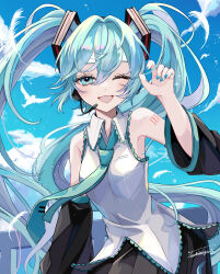 Rule 34 | 1girl, ;d, absurdres, arm tattoo, bird, black skirt, black sleeves, blue eyes, blue hair, blue nails, blue necktie, blue sky, cloud, collared shirt, day, detached sleeves, dress shirt, fang, floating hair, hair ornament, hatsune miku, headphones, headset, highres, long hair, long sleeves, looking at viewer, microphone, miku day, naguno-0713, nail polish, necktie, number tattoo, one eye closed, open mouth, outdoors, pleated skirt, shirt, skin fang, skirt, sky, sleeveless, sleeveless shirt, smile, solo, tattoo, twintails, very long hair, vocaloid, white shirt, wing collar