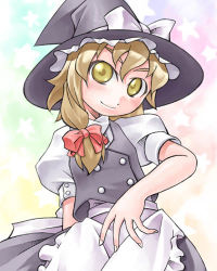 Rule 34 | 1girl, apron, black hat, black skirt, black vest, blonde hair, blush, bow, buttons, closed mouth, double-breasted, female focus, frilled apron, frills, from below, hair bow, hat, hat bow, hat ribbon, head tilt, kirisame marisa, long hair, looking at viewer, lowres, nail polish, nyagakiya, puffy short sleeves, puffy sleeves, ribbon, shirt, short sleeves, skirt, smile, solo, star (symbol), starry background, touhou, upper body, vest, waist apron, white apron, white bow, white nails, white ribbon, white shirt, witch hat, yellow eyes