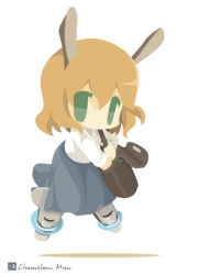 Rule 34 | 1girl, amelie planchard, animal ears, artist name, bad id, bad pixiv id, bag, blue skirt, chameleon man (three), chibi, collared shirt, flat color, flying, green eyes, handbag, long skirt, long sleeves, no lineart, no mouth, orange hair, rabbit ears, rabbit girl, shirt, short hair, simple background, skirt, solo, strike witches, strike witches: katayoku no majo-tachi, striker unit, white background, world witches series