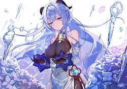 Rule 34 | 1girl, absurdres, ahoge, alternate hairstyle, bare shoulders, bell, black gloves, blue flower, blue hair, breasts, chinese knot, commentary request, detached sleeves, flower, flower knot, ganyu (genshin impact), genshin impact, gloves, gold trim, highres, horns, ice shard, long hair, looking at viewer, medium breasts, neck bell, orb, purple eyes, sas (ls08b), sidelocks, solo, upper body, very long hair, vision (genshin impact), white sleeves