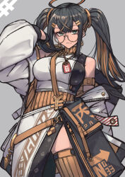 Rule 34 | 1girl, ahoge, bare shoulders, black hair, blue eyes, breasts, earrings, glasses, grey background, hair ornament, hairclip, hand in own hair, jacket, jewelry, large breasts, long hair, looking at viewer, mi2mi2 minmi, mole, mole on thigh, mole under eye, multicolored hair, open clothes, open jacket, orange hair, orange thighhighs, original, simple background, solo, thighhighs, twintails