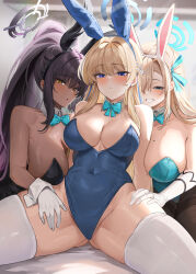 Rule 34 | 3girls, absurdres, animal ears, aqua eyes, aqua leotard, asuna (blue archive), asuna (bunny) (blue archive), bannou ippoutsukou, bare shoulders, black hair, black leotard, blonde hair, blue archive, blue eyes, blue leotard, blush, breasts, brown pantyhose, cleavage, covered navel, dark-skinned female, dark skin, detached collar, elbow gloves, fake animal ears, gloves, grin, hair over one eye, halo, highleg, highleg leotard, highres, karin (blue archive), karin (bunny) (blue archive), large breasts, leotard, light brown hair, long hair, looking at viewer, mole, mole on breast, multiple girls, official alternate costume, pantyhose, playboy bunny, ponytail, rabbit ears, smile, spread legs, thighband pantyhose, thighhighs, thighs, toki (blue archive), toki (bunny) (blue archive), white gloves, white thighhighs, yellow eyes